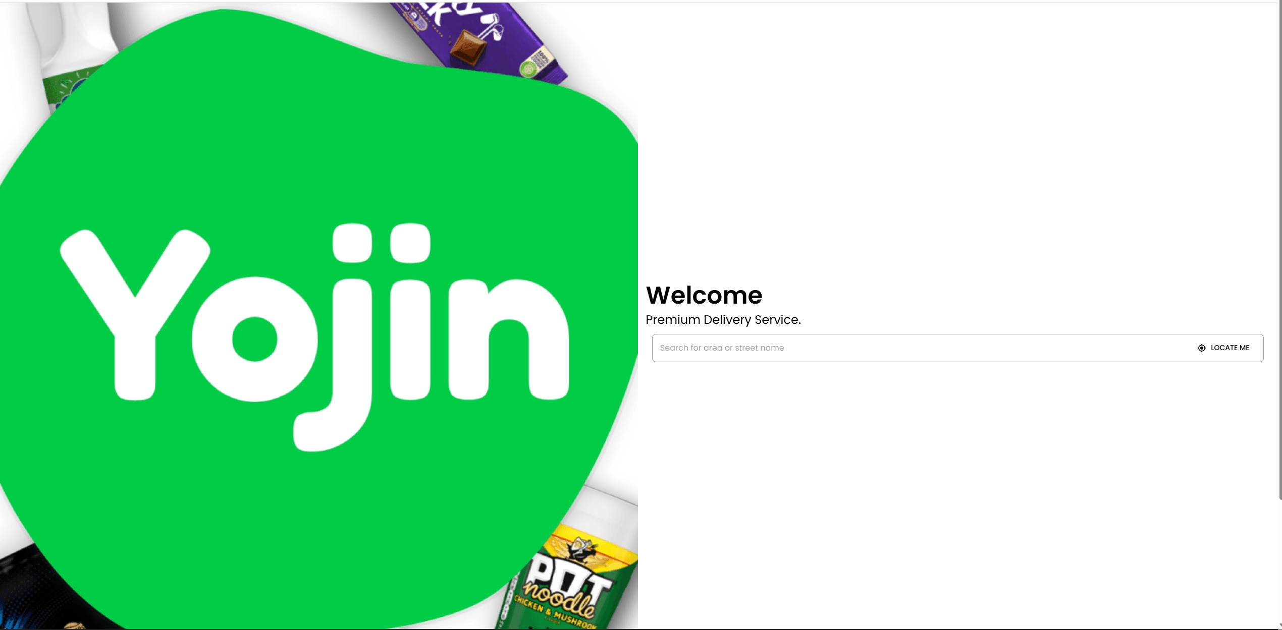 Yojin homepage with the search bar to enter your area or street name