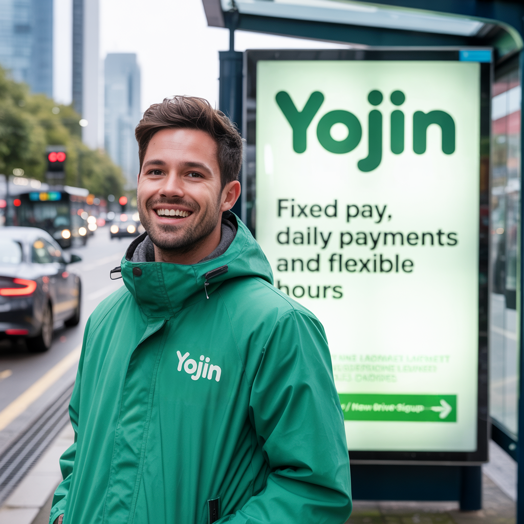 Yojin driver at a bus stop in branded jacket